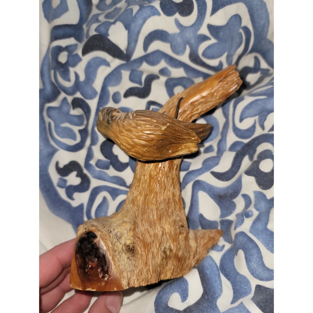 Hand Carved Wood Bird Sculpture Figurine‎ Folk Art Tree Branch Signed